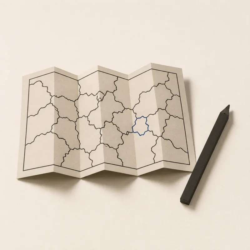 Eine Landkarte auf einem Tisch mit einem markierten Bereich und einem Stift daneben.