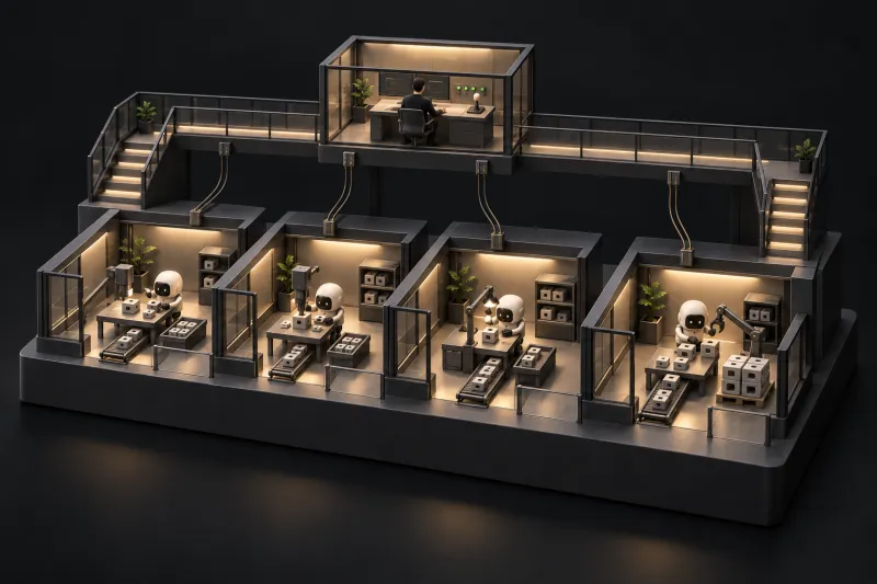One person in an elevated control room oversees four separate workshops where small agents work, with one indicator light per workshop and a stop lever on the desk.